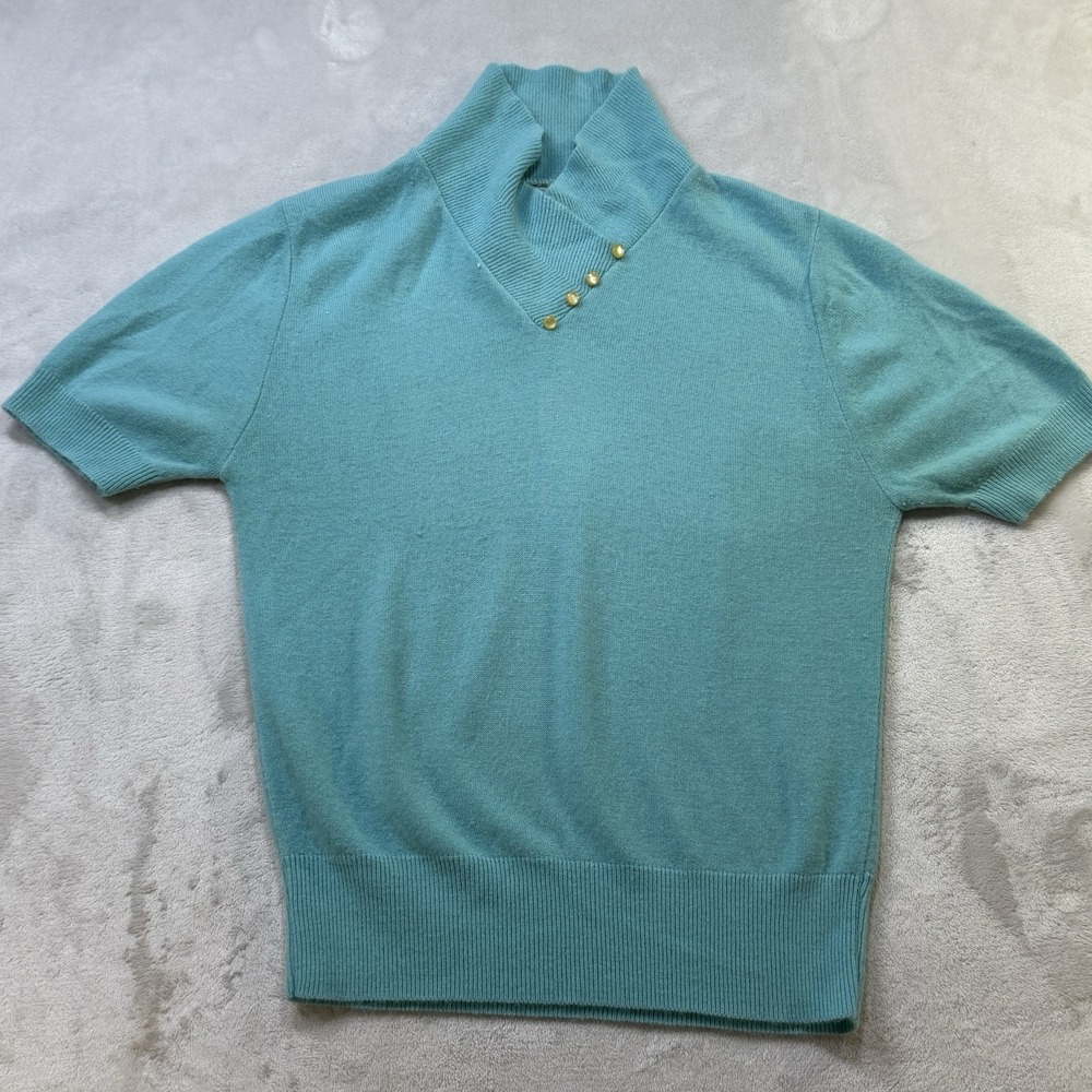 Vintage House of Morrison Orlon Sweater Women's Aqua Short Sleeve Mock Neck 60s